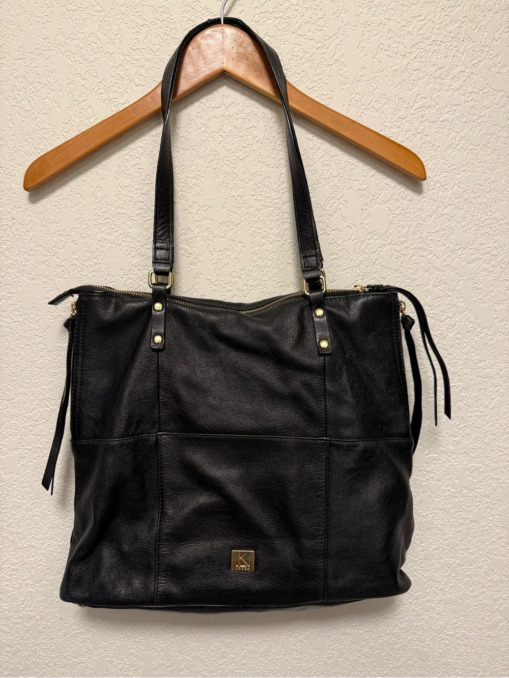 Kooba Black Leather Tote Bag with gold accents